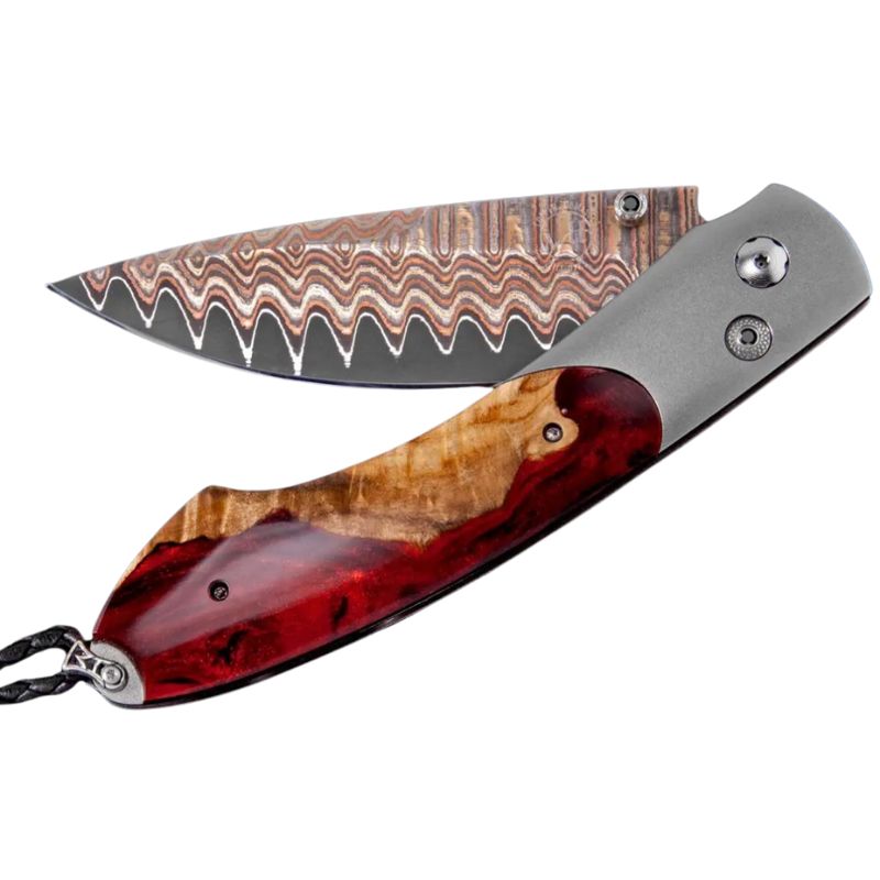 William Henry Titanium Pocket Knife With Copper Damascus Blade And Shockwood Scales